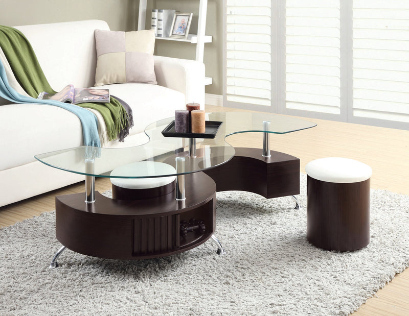 Savon  52.5\" Modern S-shaped 3-Pack Coffee + 2 Ottomans with Storage and Shelf - Dark Walnut Wood and Chrome 