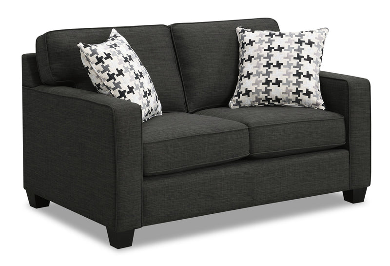 Made in Canada Sawyer 57\" Linen-Look Fabric Loveseat with Reversible Cushions and Accent Pillows - Charcoal Grey