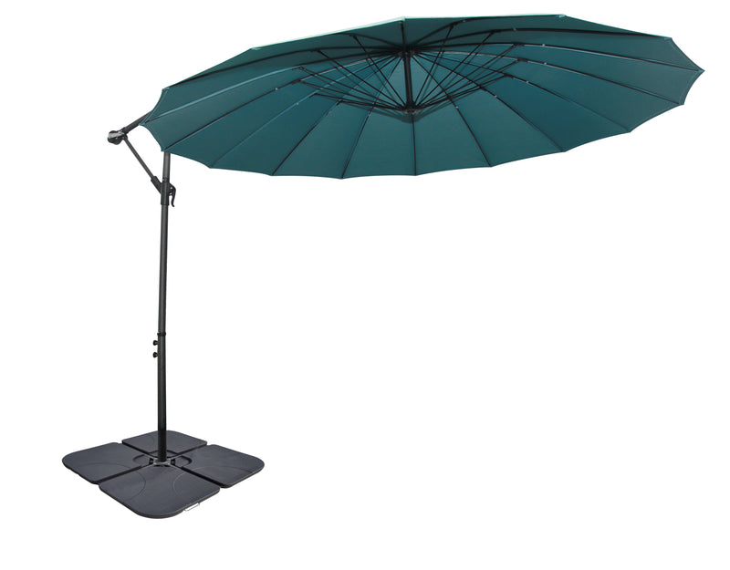 Shanghai Outdoor Patio Umbrella with Base - 114\" W x 75\"H, Weather Resistant Aluminum & Fibreglass, Hand Crank, Water/Sand Fill Attachable Base - Aqua