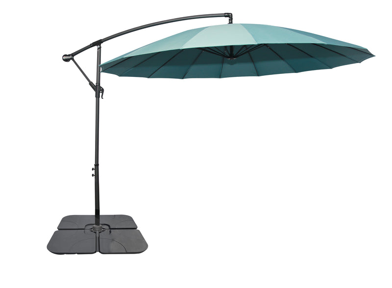 Shanghai Outdoor Patio Umbrella with Base - 114\" W x 75\"H, Weather Resistant Aluminum & Fibreglass, Hand Crank, Water/Sand Fill Attachable Base - Aqua