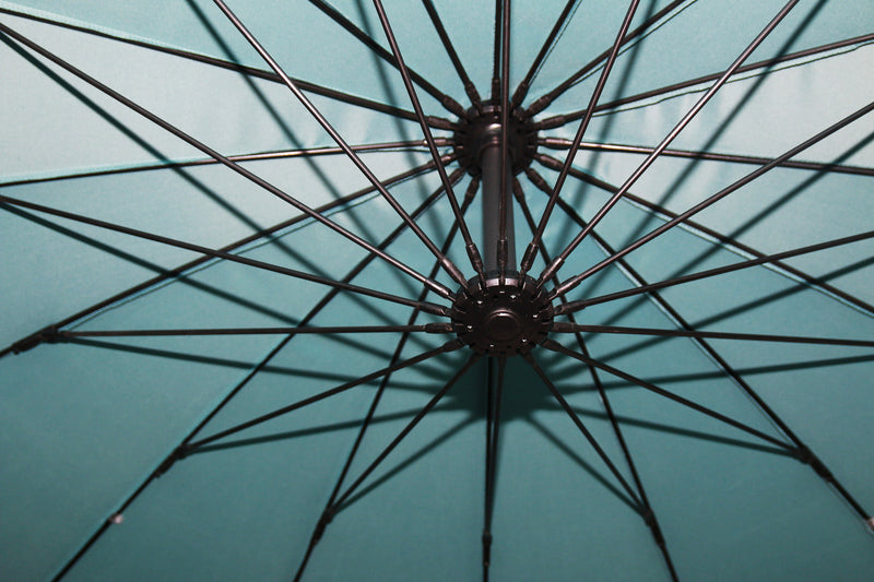 Shanghai Outdoor Patio Umbrella with Base - 114\" W x 75\"H, Weather Resistant Aluminum & Fibreglass, Hand Crank, Water/Sand Fill Attachable Base - Aqua