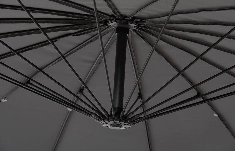 Shanghai Outdoor Patio Umbrella with Base - 114\" W x 75\"H, Weather Resistant Aluminum & Fibreglass, Hand Crank, Water/Sand Fill Attachable Base - Charcoal