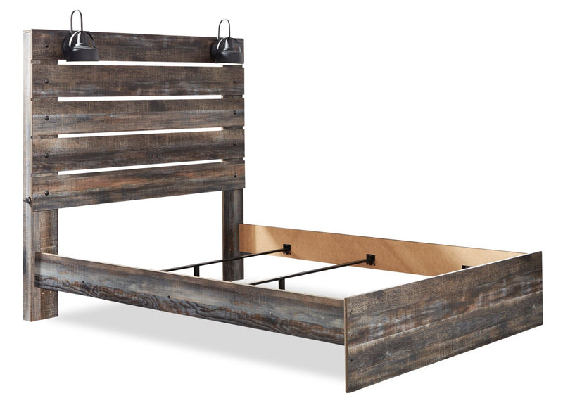 Abby Panel Bed with Headboard & Frame, LED, USB, Brown - Queen Size