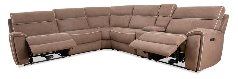 Cindy Crawford Home Newport 6-Piece Faux Suede Power Reclining Sectional with Storage Console and USB Port - Taupe