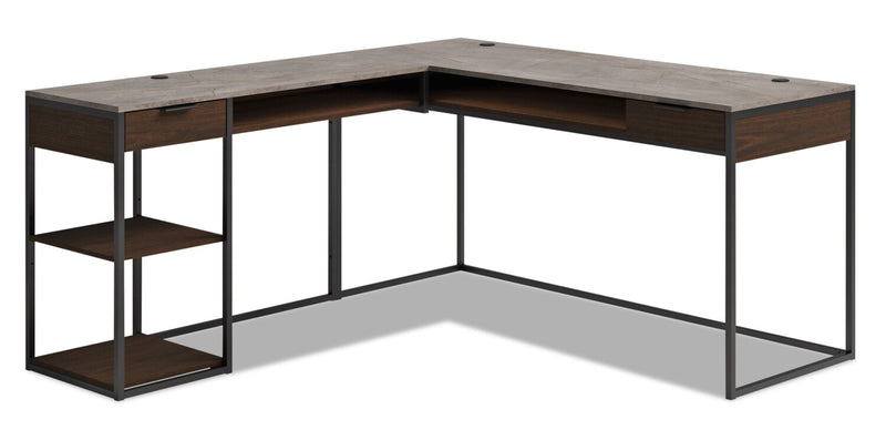 Maxim 65.98\" L-Shaped Office Desk with 2-Drawers, Cubbyholes & Shelves - Umber Wood