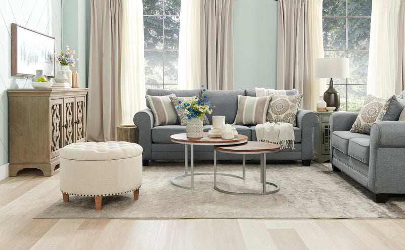 Made in Canada Tula 65\" Fabric Loveseat with Rolled Arms and Accent Pillows - Steel Grey