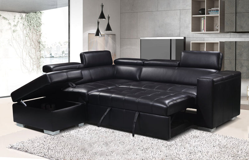 Drake 3-Piece Left-Facing Leather-Look Fabric Sleeper Sectional with Storage Ottoman - Black
