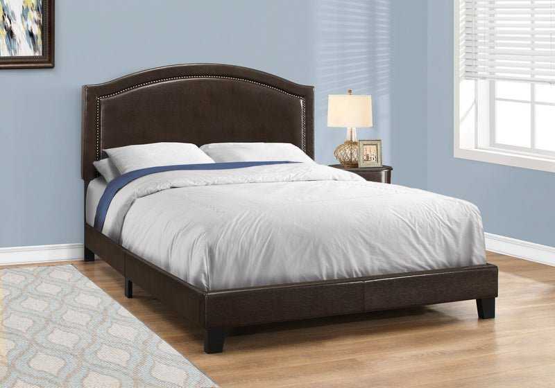 Pearl Upholstered Bed in Brown Vegan-Leather Fabric with Nailhead Design - Queen Size