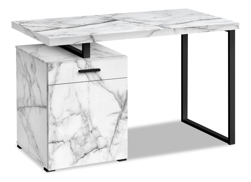 Remi 47.25\" Reversible Office Desk with Drawer & Cabinet - White Marble-Look