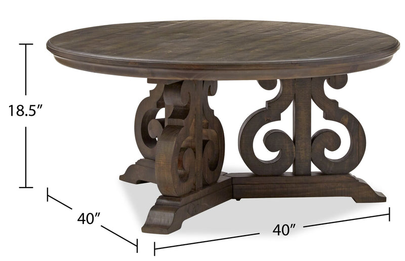 Bellamy 40\" Traditional Round Coffee Table - Dark Brown Pine with Scroll Design Wood Base