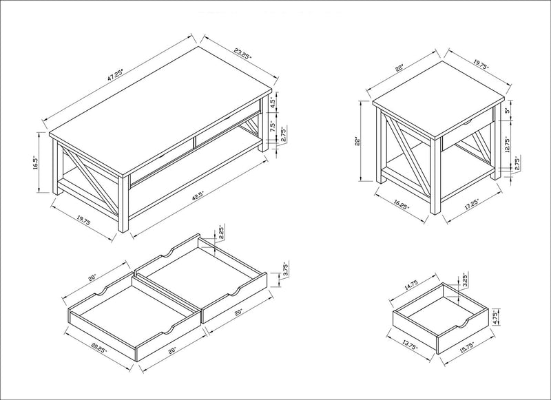 Jake 47.25\" Rustic 2-Pack Coffee + End Table with Storage and Shelf - Distressed Grey 