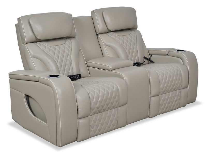 Elite 74\" Genuine Leather Massage Power Reclining Loveseat with Power Headrests and Storage Arms - Grey