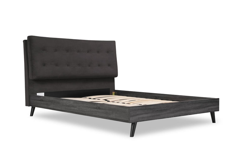 Nash Upholstered Platform Bed in Dark Grey Fabric, Button Tufted - Queen Size