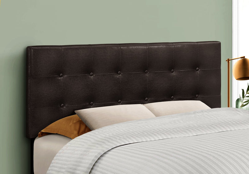 Estel Upholstered Headboard in Brown Vegan Leather Fabric, Button Tufted - Full Size