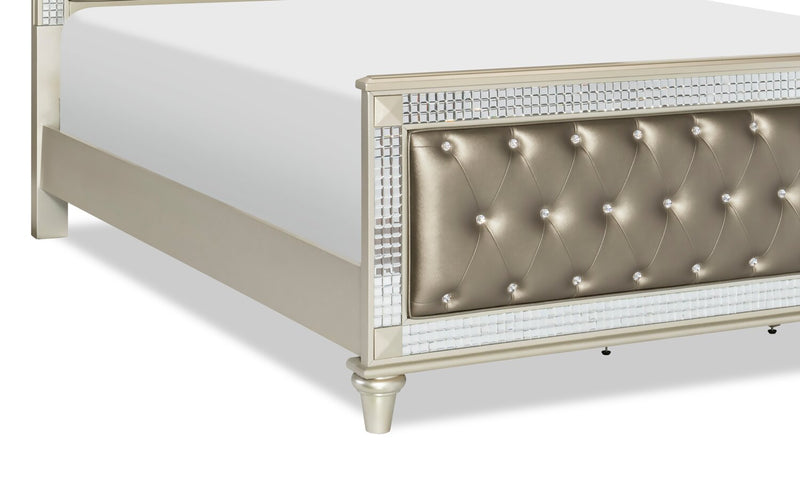 Tyra Panel Bed with Headboard & Frame, Glam, Vegan Leather, Button-Tufted, Champagne - Queen Size