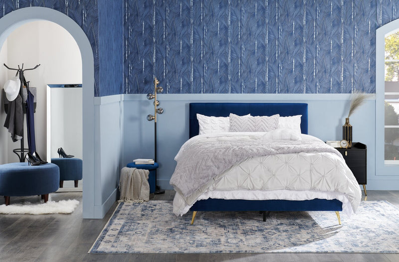 Gabi Upholstered Bed in Blue Velvet Fabric with Gold Finish Legs, Button Tufted - Queen Size