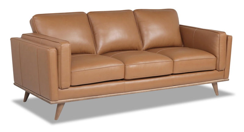 Vivia 86\" Genuine Leather Sofa with Removable Seat Cushions and Wood Base - Caramel Brown 