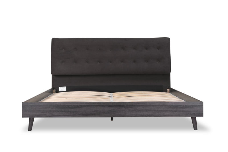 Nash Upholstered Platform Bed in Dark Grey Fabric, Button Tufted - King Size