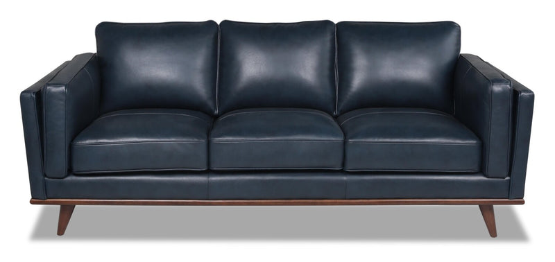 Vivia 86\" Genuine Leather Sofa with Removable Seat Cushions and Wood Base - Navy Blue