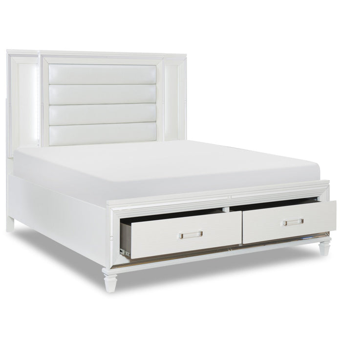 Max Platform Storage Bed with Headboard & Frame, LED, Vegan Leather, Glam, White - Queen Size