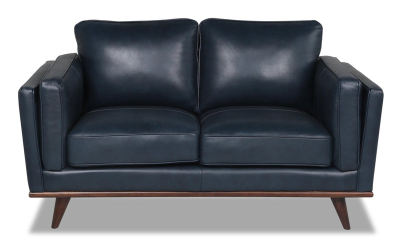 Vivia 63\" Genuine Leather Loveseat with Removable Seat Cushions and Wood Base - Navy Blue