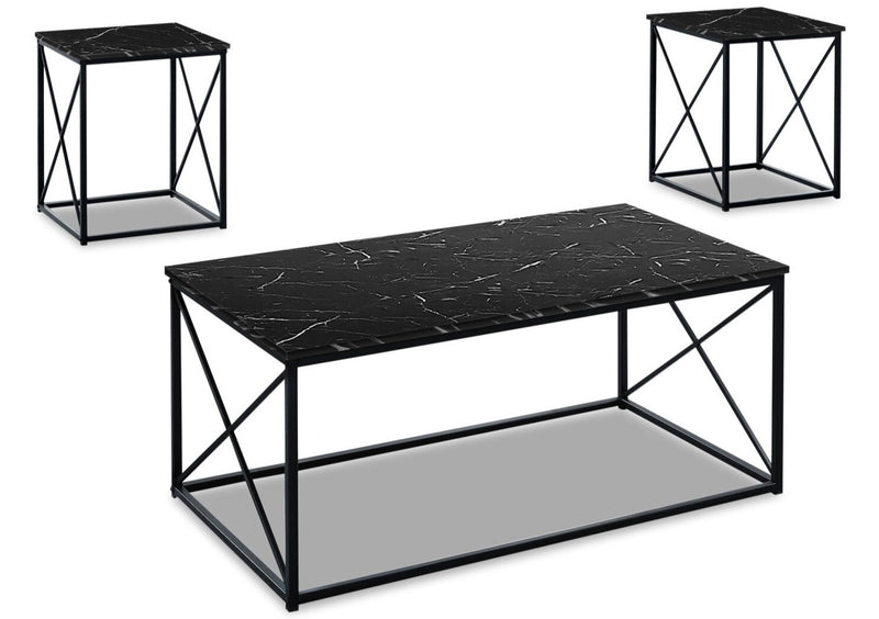 Kasey 42.25\" Modern 3-Pack Coffee + 2 End Tables - Black Marble Look with Black Metal Base