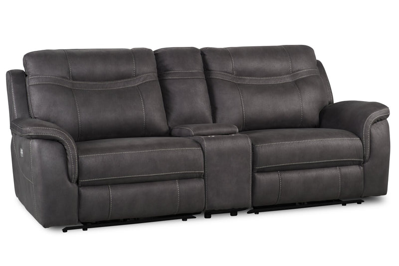 Floy 99\" Faux Suede Power Reclining Loveseat with Power Headrests, Storage Console and USB Ports - Grey