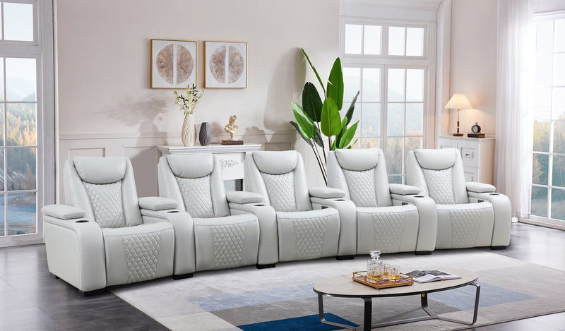 Cinema 6-Piece Leather-Look Fabric Home Theatre Power Reclining Sectional with Power Headrests - Cosmic Fog Grey