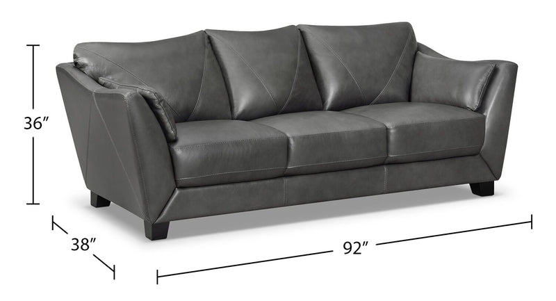 Chateau d'Ax Lusso 92\" 100% Genuine Leather Sofa with Wood Legs - Charcoal Grey