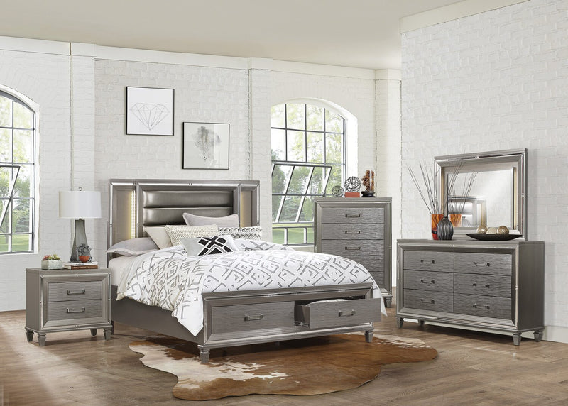 Max 5pc Bedroom Set with Storage Bed, Dresser & Mirror, LED, Glam, Silver - Queen Size