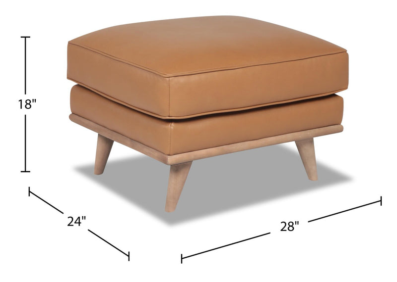 Vivia 28\" Genuine Leather Ottoman with Wood Base - Caramel Brown 