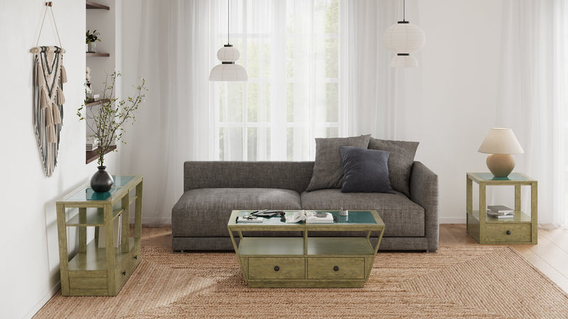 Esme 56\" Traditional Glass Top Sofa Table with Storage and Shelf - Light Brown Wood