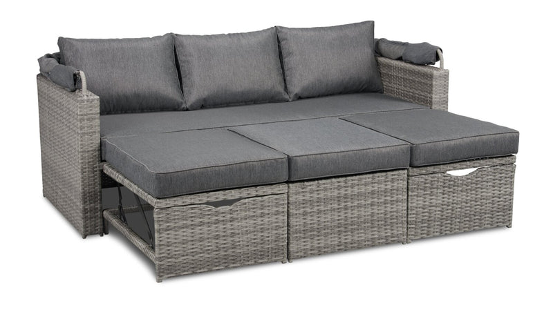 Cuba Canopy Outdoor Patio Conversation Set with Canopy Sofa, Ottoman & 2 Self-Storing Ottomans - Hand-Woven Resin Wicker, UV & Weather Resistant - Charcoal