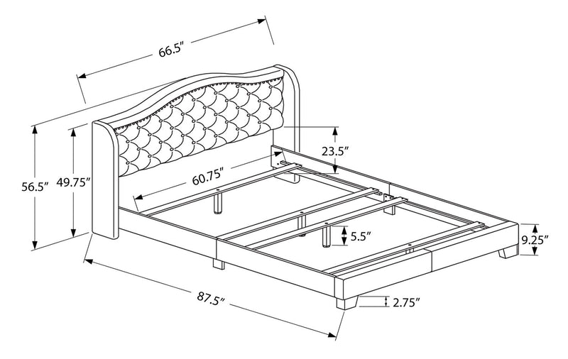 Penelope Upholstered Wingback Bed in Grey Velvet Fabric with Nailhead Design, Button Tufted - Queen Size