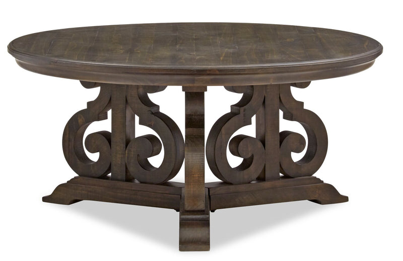 Bellamy 40\" Traditional Round Coffee Table - Dark Brown Pine with Scroll Design Wood Base