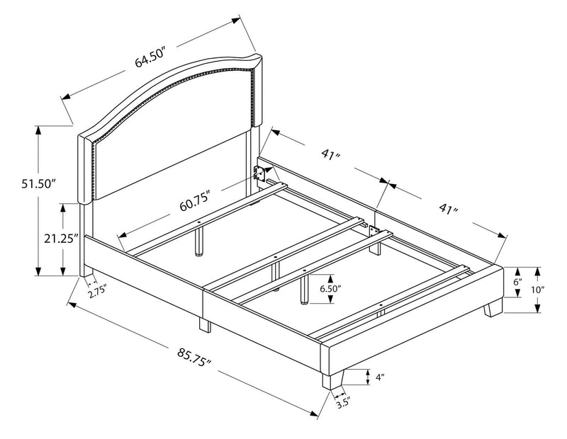 Pearl Upholstered Bed in Grey Fabric with Nailhead Design - Queen Size
