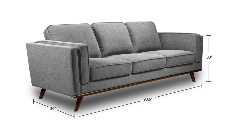 Kort & Co. Kassia 90.6\" Linen-Look Fabric Sofa with Wood Base and Legs - Grey