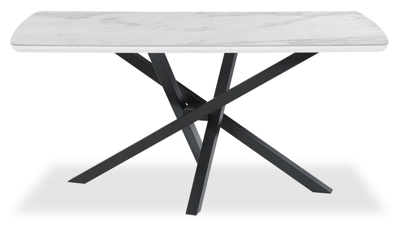 Bari Dining Table with Marble-Look Ceramic Top, Metal, Geometric Base, 63\"W - White
