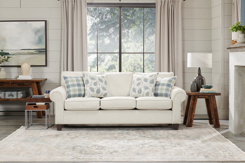Made in Canada Scarlett 87\" Chenille Fabric Sofa with Rolled Arms and Accent Pillows - Ecru Beige
