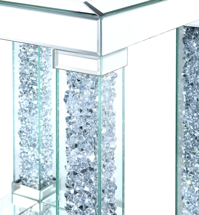 Berni 47.2\" Glam Mirror & Glass Top Coffee Table with Shelf - Silver Metal with Diamond Look Legs