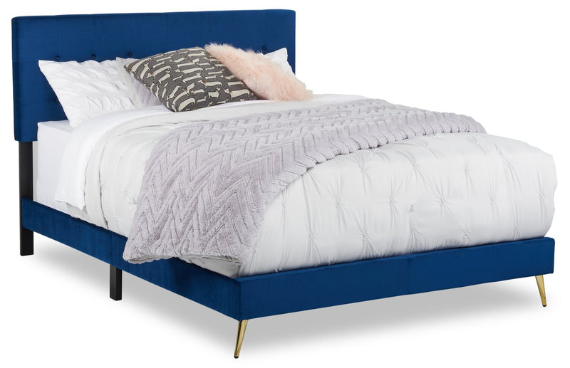 Gabi Upholstered Bed in Blue Velvet Fabric with Gold Finish Legs, Button Tufted - Queen Size