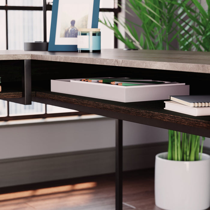 Maxim 65.98\" L-Shaped Office Desk with 2-Drawers, Cubbyholes & Shelves - Umber Wood