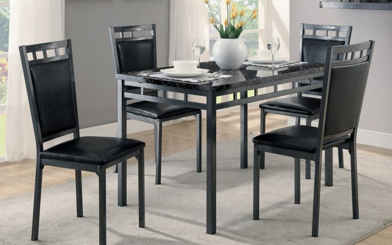 Marc 5pc Dining Set with Table & 4 Chairs, Marble-Look Top, Metal, 48\"W - Black