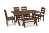 ["Plum 6pc Dining Set with Table, Bench & 4 Chairs, Wood, Live-Edge Look, 70.75\"W- Nutmeg Brown"]