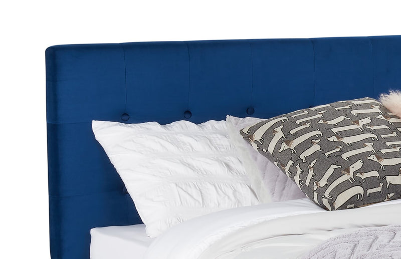 Gabi Upholstered Bed in Blue Velvet Fabric with Gold Finish Legs, Button Tufted - King Size