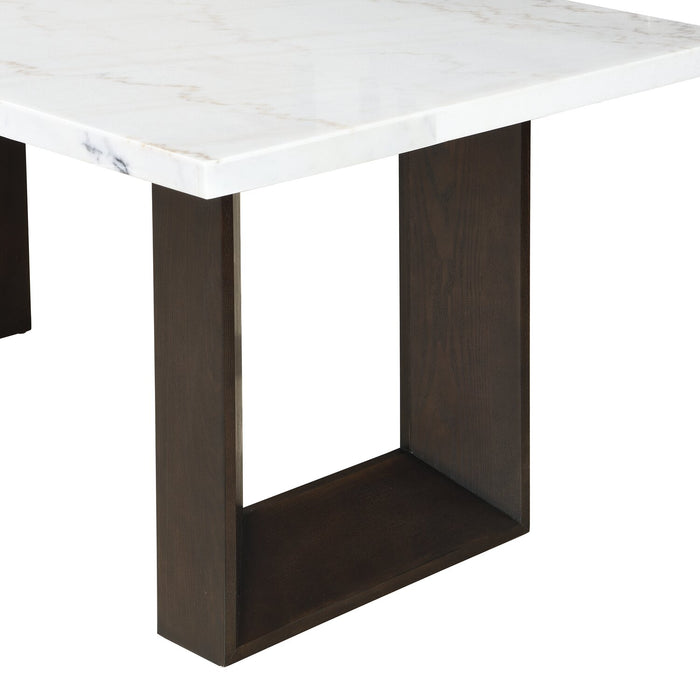 Silvia 48\" Modern Coffee Table - White and Grey Marble Look with Brown Wood Legs