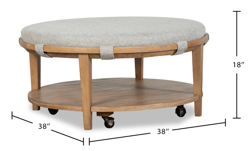 Rhett 38\" Modern Round Coffee Table with Shelf and Casters - Light Brown Wood with Grey Cushion