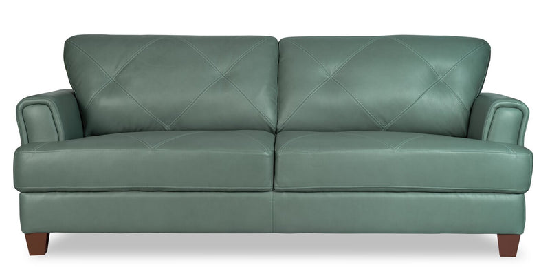 Chateau d’Ax Vita 87\" 100% Genuine Leather Sofa with Diamond Pattern Stitching and Wood Legs - Seafoam Green