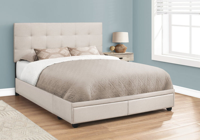 Minka Upholstered Storage Platform Bed in Beige Fabric, Tufted - Queen Size