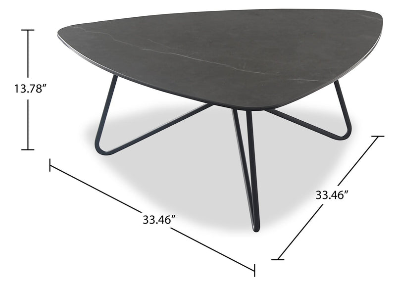 Hamilton 37.99\" Modern Triangular Coffee Table - Grey Marble Look Top with Black Metal Legs